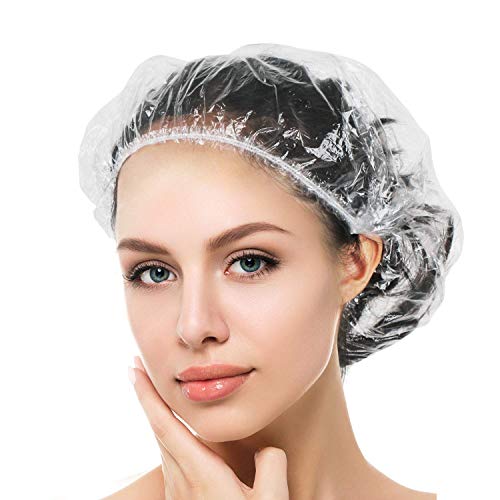 Auban 100Pcs Disposable Shower Caps 20.5" Large, Individually Packaged, Clear Plastic Waterproof Hair Caps