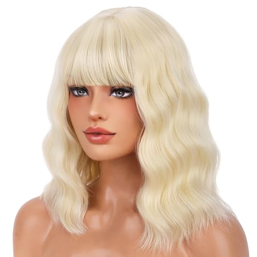 BERON Light Blonde 14-Inch Short Curly Wig with Bangs