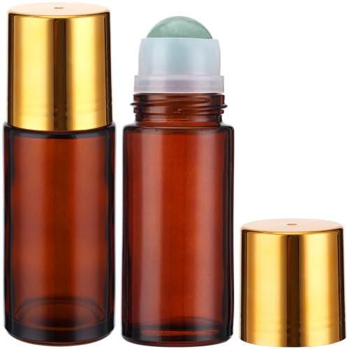 Green Crystal Roller Ball Amber Glass Roll On Bottles - 2 Pack, 1.7oz for Essential Oils & Skincare