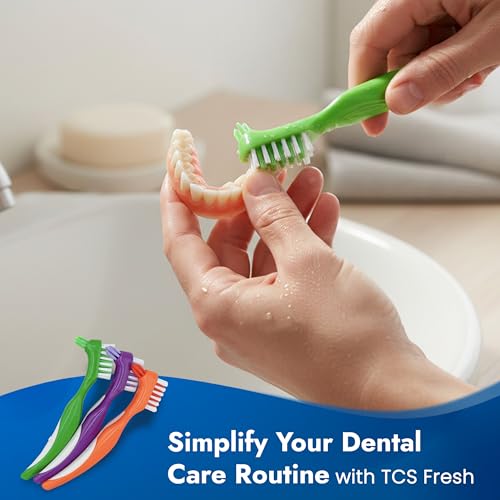 TCS Soft Bristle Denture & Retainer Cleaning Brush Set - 3 Pack, Green, Purple, Orange
