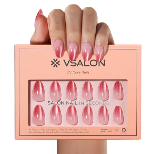VSALON Short Almond Press On Nails Kit - Pink Cat Eye Ombre, 32 Pcs