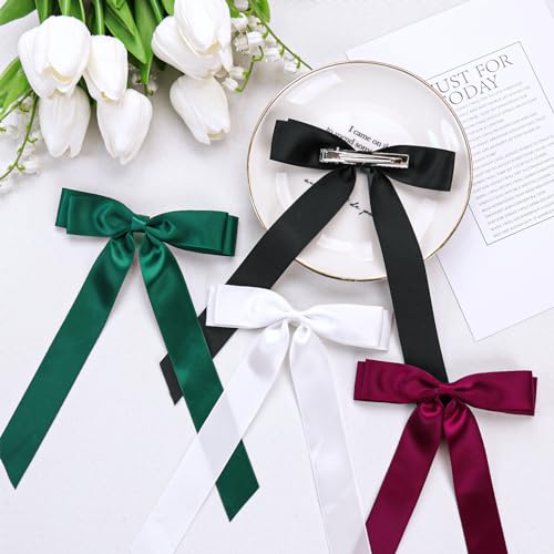 Feinigesi Satin Bow Hair Clips 4-Piece Set with Long Tails – Black White Teal Green Wine Red