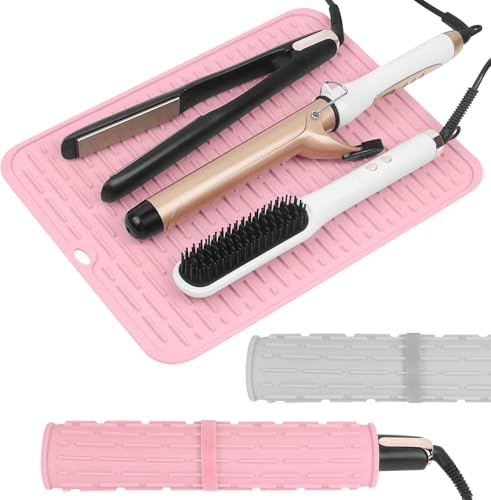 15.7" Oversize Heat Resistant Silicone Mat for Styling Tools: Curling Iron, Flat Iron, Hair Straightener - Portable Hair Styling Pad Cover Pink