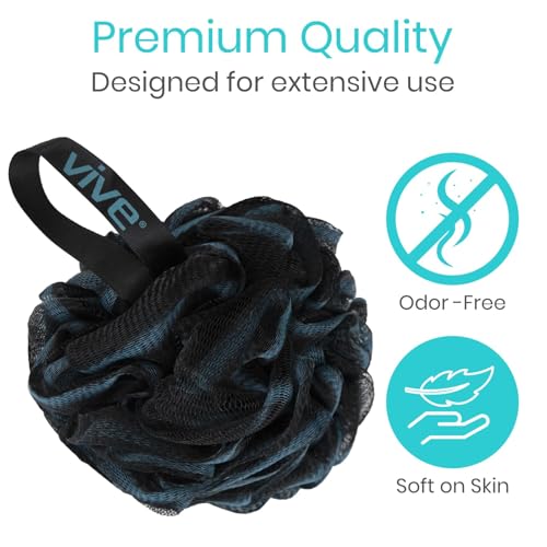Vive Loofah Sponge Replacement Pack (Black & Blue, 4 Pack) - Exfoliating Shower Pouf for Body and Back