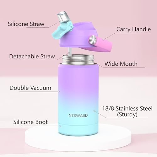 12 oz Insulated Water Bottle for Kids with Straw – Purple