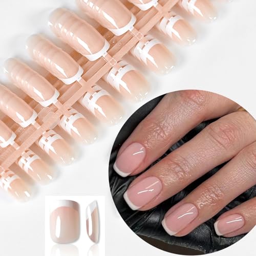 Short Pink French Press On Nails - 120Pcs Fake Nude Square Round Tips with Adhesive Tabs