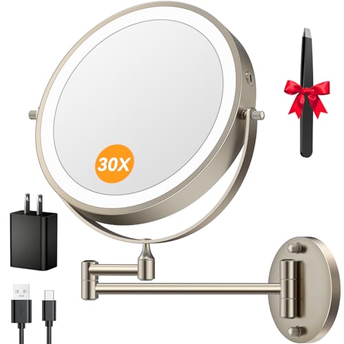 5000mAh Rechargeable Wall Mounted Lighted Makeup Mirror, 9'' 30X/1X Double-Sided Magnifying Mirror with Light, Bathroom Mirror Touch Dimmable 3 Colors 360¡Æ Rotation Extended Arm, Power Adapter