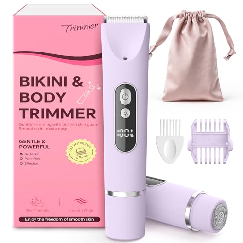 Bikini Trimmer for Women,Smooth Electric Razor for Sensitive Skin, IPX7 Waterproof Wet & Dry Cordless Body Shaver & Grooming Set for Bikini Area, Pubic Hair, Face, Underarms & Legs(Purple)