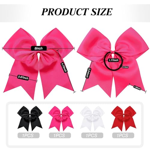4-Pack 8-Inch Cheerleading Hair Bows with Elastic Ties - TUUXI