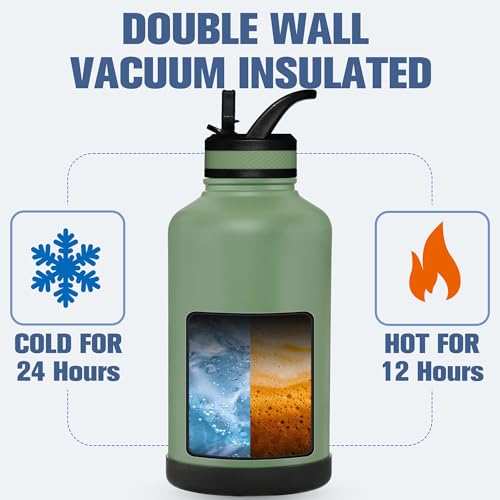 OLDLEY 64 oz Insulated Water Bottle with 3 Leak-Proof Lids - Army Green