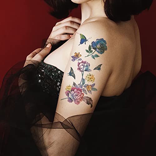 Oottati TL-A10 Waterproof Temporary Tattoo Stickers 8 Sheets - Blue, Purple, Rose, Lotus, Butterfly, Long-Lasting Arm Jewelry