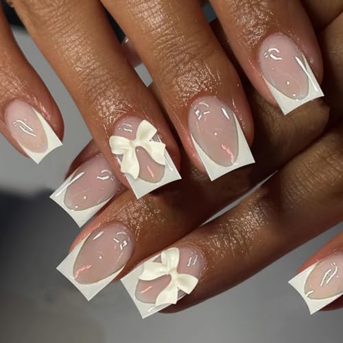VOTACOS Milky Yellow French Tip Press On Nails Short Square with Bow Design 24PCS