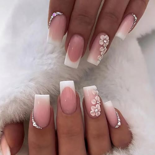 Onsdag Flower & Rhinestone French Square Nails - Medium Coffin Full Cover Fake Nails Set