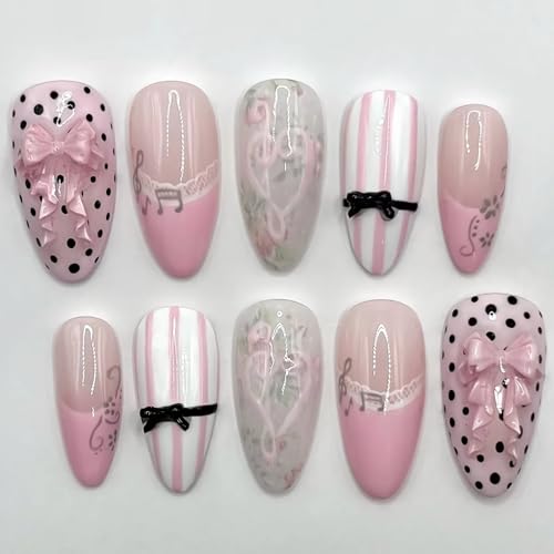 BABALAL CNF000 Reusable Medium Almond Press On Nails with Pink French Tips & Bling Charms