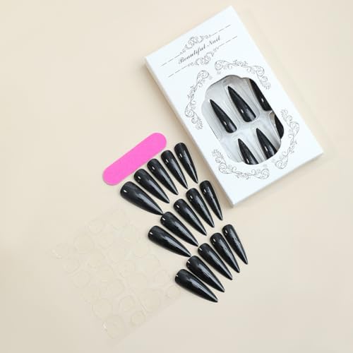 QQPPOLIU Long Stiletto Black Press-On Nails - 24 Pack, Glossy Fake Nails for Manicure