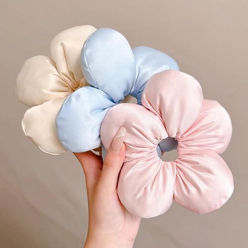 3-Pack Large Flower Satin Hair Scrunchies for Women - Soft Silk Hair Ties in Blue, Pink, Beige
