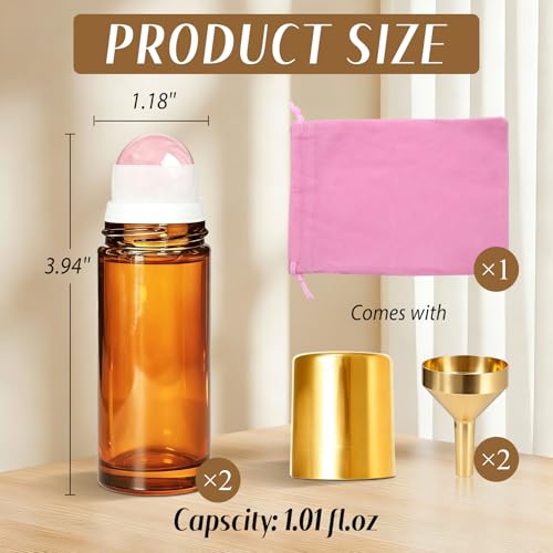 Rose Quartz Roller Bottle - 2 Pack Amber Glass 1oz Roll-ons for Oils