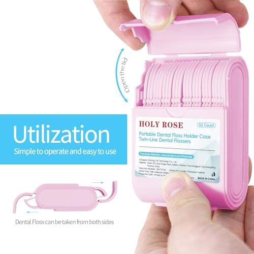 Holy Rose Pink Dental Floss Picks Travel Case 2 Pack, 104 Mint-Flavored Flossers
