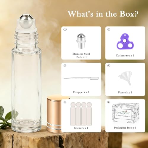PrettyCare 10ml Essential Oil Roller Bottles - 4 Pack, Leak-Proof Glass