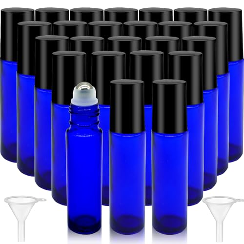25 Pcs Blue Essential Oil Roller Bottles 10ml Glass with Funnels