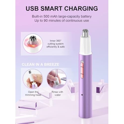 Ginity Ear and Nose Hair Trimmer for Women & Men, 2-in-1 Rechargeable Painless Facial & Eyebrow Hair Remover Tool, Electric Clipper with Dual-Edge Blades, Easy to Clean(Pink)