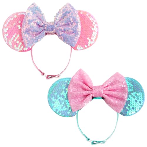 AQOKKA 2 Pcs Mouse Ears Headbands with Bow for Women, Cosplay & Party Accessories, Blue & Pink