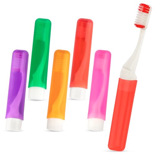 iRFKCIOW 5 Pack Mini Folding Travel Toothbrush Set with Cases - Soft Bristles, Portable & Individually Wrapped, Red, Purple, Green, Orange, Pink
