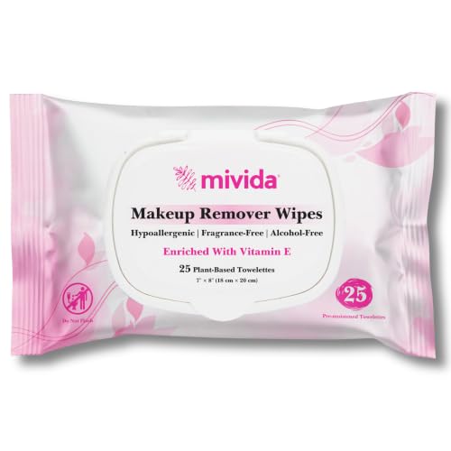 mivida Hypoallergenic Makeup Remover Wipes - 25 Count, Alcohol & Fragrance Free