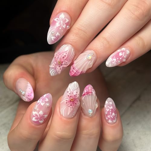24 Pcs Pink Flower Press-On Nails with Pearl Rhinestones