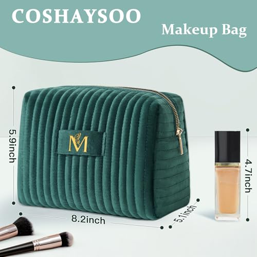 COSHAYSOO Personalized Forest Green Makeup Bag with Initial M