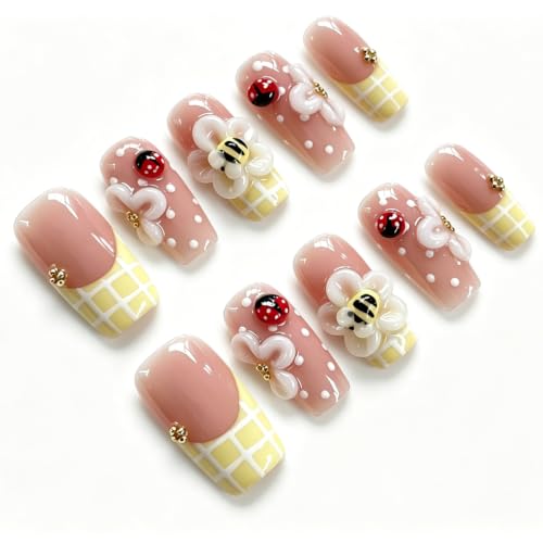 Medium Square Press-On Nails SQ603 - 3D Handmade Bee & Ladybug Design | 10 Pcs Reusable Acrylic