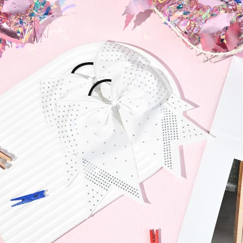Aileam 2Pcs Glitter White Rhinestone Cheer Bows 7" Large Ponytail Holders