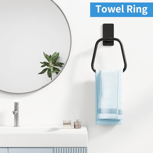 JUYSON Matte Black Adhesive Hand Towel Holder - No Drill, Space-Saving