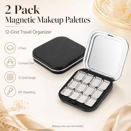 Magnetic Empty Makeup Palette Set - 2 Pack, 12 Grids for Eyeshadow, Blush & Lipstick, Travel Cosmetic Organizer