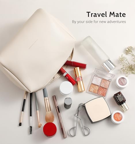 Aveniee Large Travel Makeup Bag Beige Vegan Leather Organizer with Divider