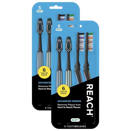 Reach Advanced Design Soft Toothbrush Pack of 6 with Cap & Tongue Scraper