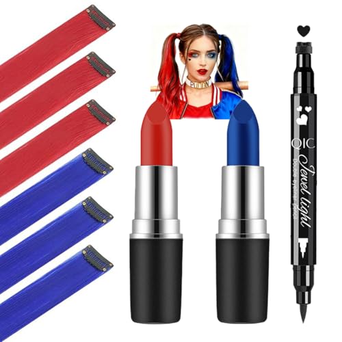 Mysense Halloween Costume Kit: Red & Blue Clip-In Hair Extensions + Face Paint Sticks + Black Heart Eyeliner Stamp (Set3)