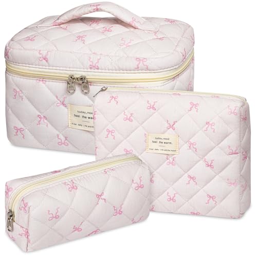 senbowe Light Pink Bow Floral Makeup Bag Set – 3 Sizes Cosmetic Organizer for Women