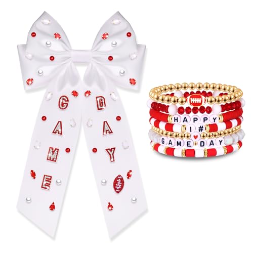 BSJELL Football Game Day Hair Bow Clip with Rhinestone Charms
