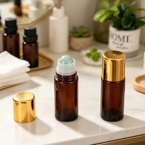 Green Crystal Roller Ball Amber Glass Roll On Bottles - 2 Pack, 1.7oz for Essential Oils & Skincare