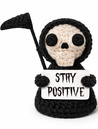 Funny Gothic Grim Reaper Plush with Stay Positive Sign - Unique Office Decor