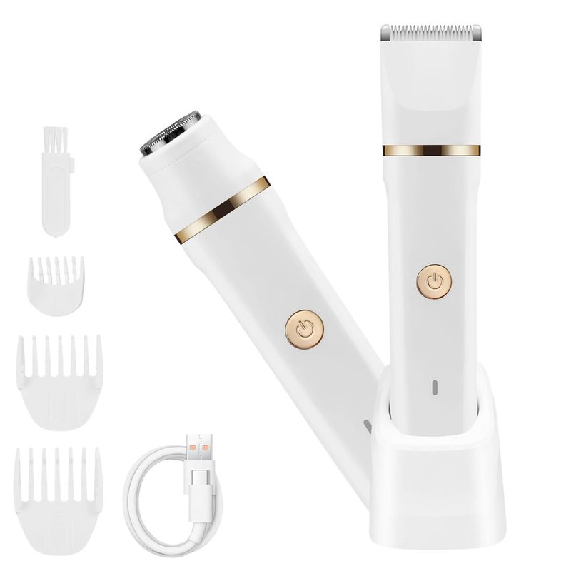2-in-1 Electric Body Trimmer & Facial Hair Remover Set for Women, Waterproof Rechargeable Bikini Trimmer & Shaver, White/Rose Gold
