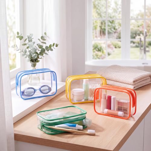 6 Pcs Clear Makeup Bags Bulk Travel Toiletry Case 7 x 5.5 x 1.6 In PVC Waterproof Zipper Pouch - Cunno Bright Color