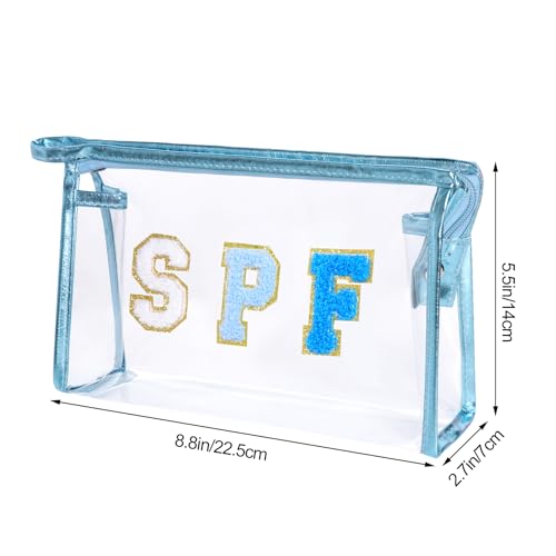 Blue Clear Preppy Makeup Bag with Chenille Letter Patch, Waterproof Travel Toiletry Organizer