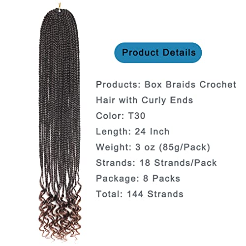 24-Inch Pre-Looped Box Braids Crochet Hair with Curly Ends - 8 Packs