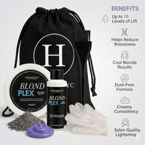 Hair Bar NYC Blond Plex 10X Lightener + 30 Volume Violet Developer Kit ? Dust-Free Charcoal Bleach Powder (50g / 1.76 oz) + Anti-Brass Developer (120 ml / 4.06 fl oz) ? Bond-Building Formula