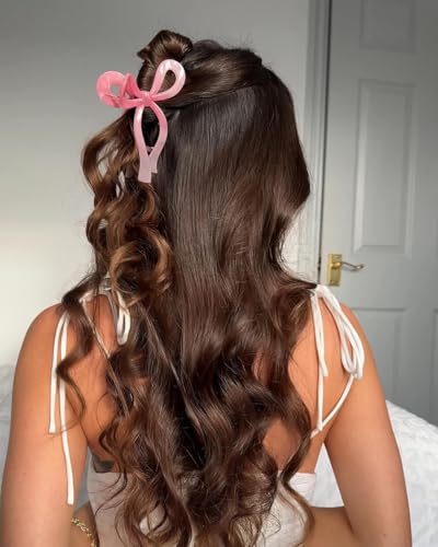Ayesha Pink Bow Claw Hair Clips for Thick Hair & Girls - Ribbon Coquette Style