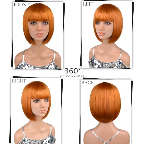 Ginger Bob Wig with Bangs - 12 Inch Shoulder Length Orange Wig