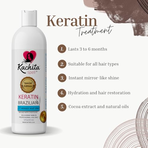 Kachita Spell Brazilian Keratin Hair Straightening Treatment, Lasts Up to 18 Weeks, Keratin Chocolate & Argan Oil Complex, Queratina para Alisar el Cabello, Home & Professional Use, 16 fl oz