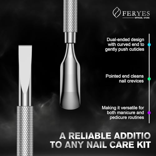 FERYES Professional Dual-Sided Cuticle Pusher & Remover Tool - 5.2 Inch Stainless Steel Nail Care for Salon & Home